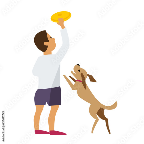 Boy playing with pet dog flat color vector icon. Cute little boy, puppy cartoon design element. Child and home animal best friends illustration on white background. Small kid and doggy fun together