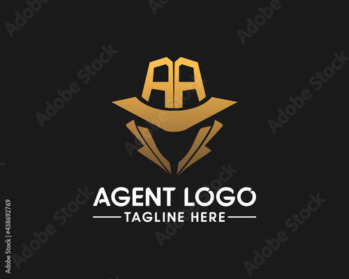 Man with a golden suit on black background. AA Logo Vector Secret service agent icon. Incognito. hacker. spy agent. undercover