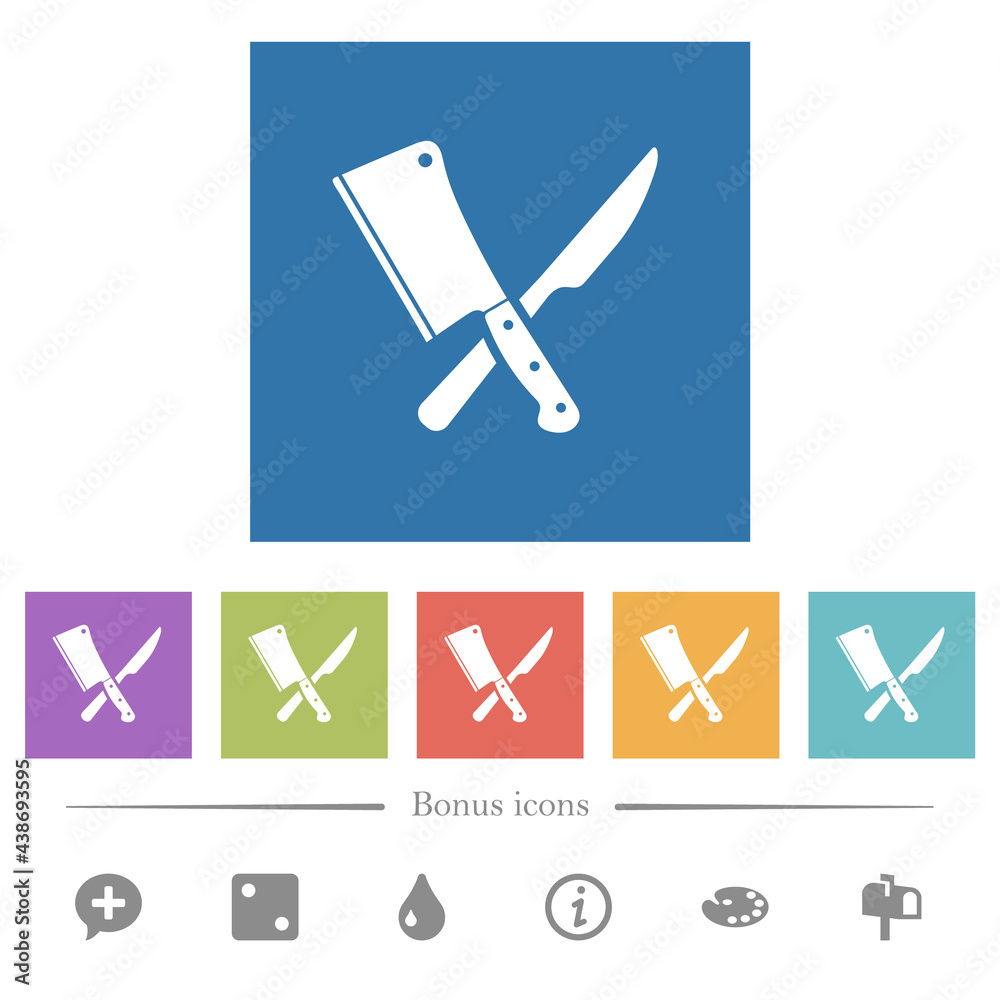 Crossed meat cleaver and knife flat white icons in square backgrounds Crossed meat cleaver and knife flat white icons in square backgrounds