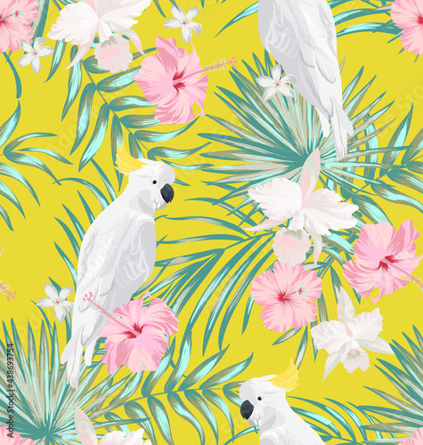 Tropical pattern with hibiscus, palm leaves. Summer vector background for fabric, cover,print design.