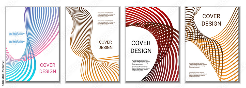 A set of 4 abstract covers. Wavy parallel gradient lines, ribbons evolve. Cover design, background. Trendy banner, poster.