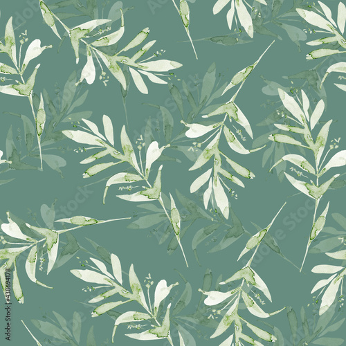 Seamless botanical background with green branches and eucalyptus leaves, watercolor illustration hand painted on green background