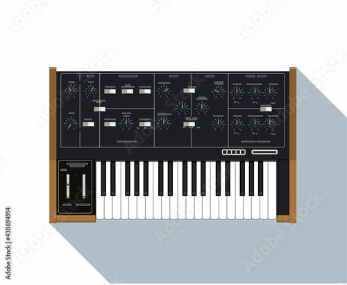 Realistic compact analog synthesizer with wood finish. An old electronic piano. Musical equipment. A device for creating sounds. Electronic music theme. Night life. Warm synth sound. A piece interior.