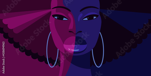 Night light vector portrait of beautiful young black woman with long curly hair and big hoop earrings.  Blue and red lighting effect. Stylized female portrait . 