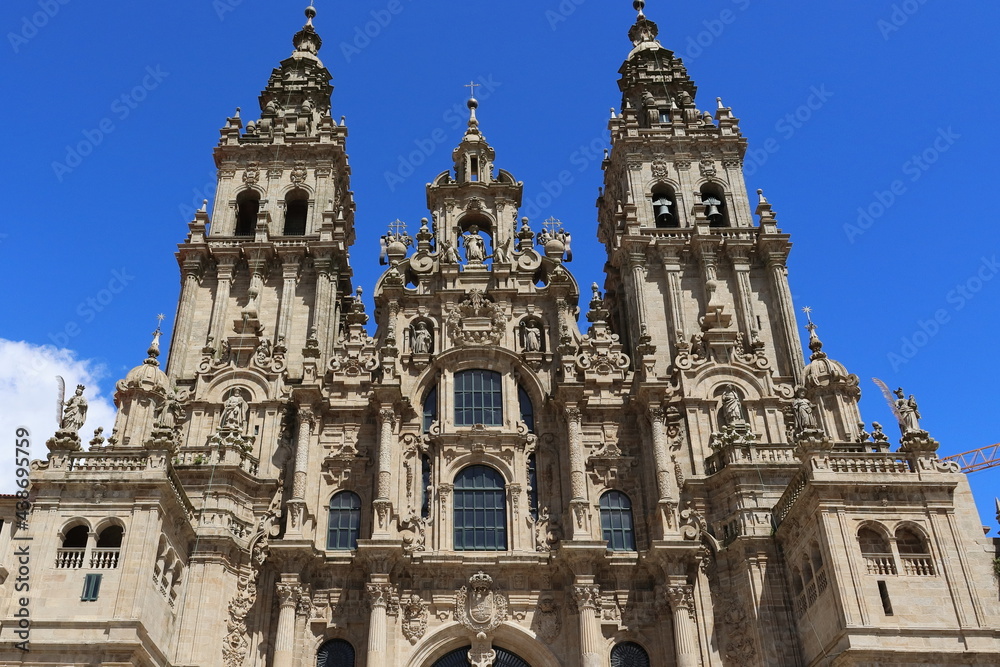 Top of the facade of the cathedral of santiago de compostela, in the plaza del Obradoiro. Galicia. Spain.