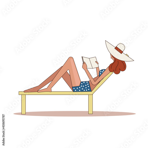 Young beautiful woman is sitting in a deck chair and reading a book. vector illustration isolated on transparent background. Tourism, travel, recreation