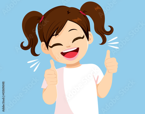 Beautiful positive little girl laughing happy showing thumbs up