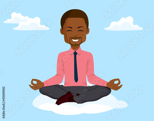 Happy relaxed black businessman making yoga pose floating on sky cloud