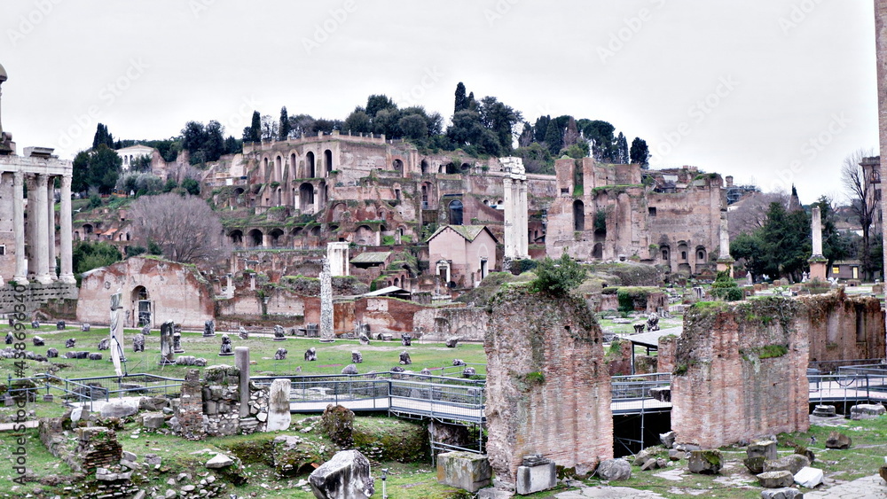 Forum of Caesar (Foro di Cesare), part of Forum Romanum, view of the ruins of several important ancient buildings, Rome, Italy