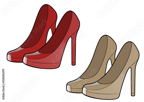 Set of Women High Heel Shoes. Red and beige elegant shoes