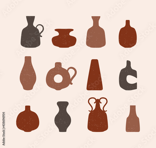 Different shapes vases, pots, and bottles. Art collage of ceramic pottery in a minimalistic trendy style. Vector background in a modern simple style with texture