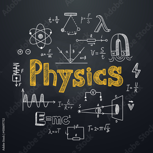 Physics chalkboard background in hand drawn style. Round composition with lettering and physical symbols, formulas and schemes. Education subject. Ideal for school poster, graphic print, banner.