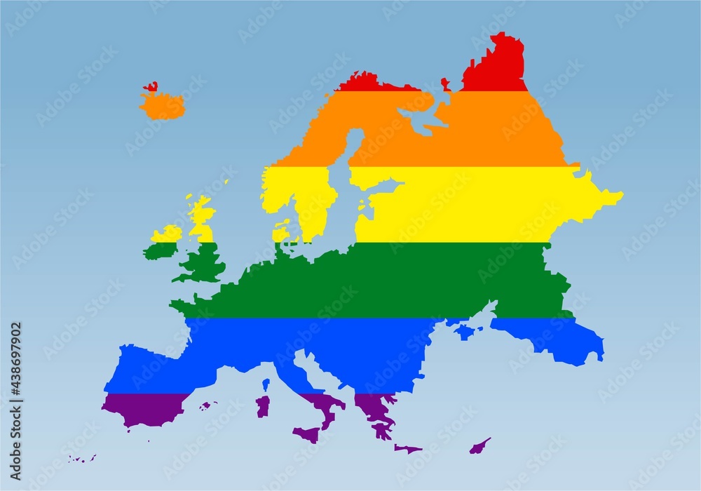 Obraz premium Mapa de Europa con la bandera del colectivo LGTBIQ+ sobre degradado azul. Celebración del día del orgullo en Europa