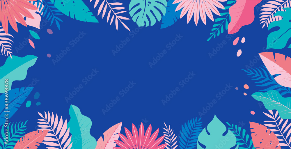 Fototapeta Hello Summer concept design, summer panorama, abstract illustration with jungle exotic leaves, colorful design, summer background and banner