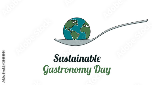 Sustainable Gastronomy Day June 18. Simple planet and spoon. Minimalist web banner, gastronomy day vector illustration. One continuous line drawing.
