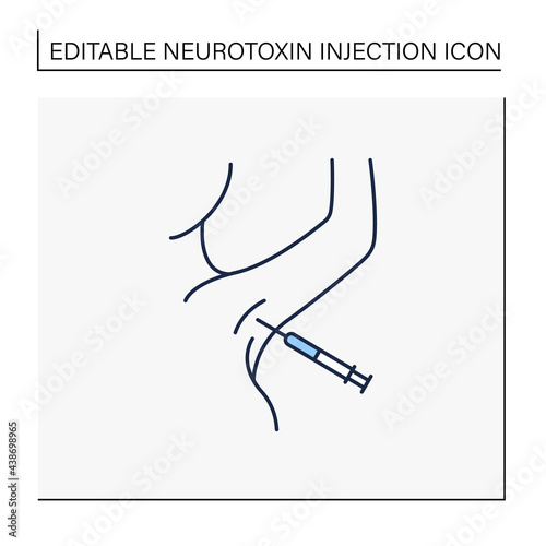 Cosmetic injection line icon. Injection into armpits. Surgery. Full syringe. Beauty cosmetic procedure concept. . .Isolated vector illustration.Editable stroke