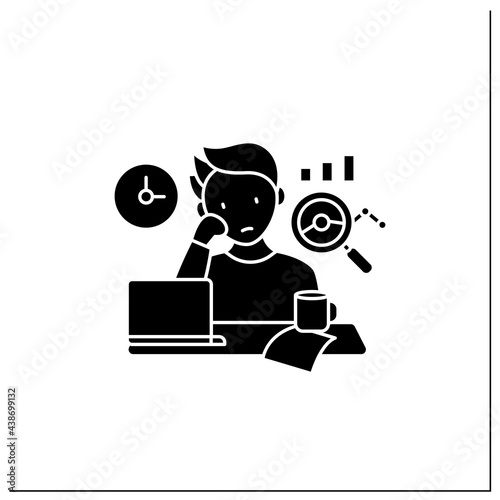 Procrastination statistics glyph icon.Unhappy statistic.Tired person at workplace. Dont want working.Overload concept.Filled flat sign. Isolated silhouette vector illustration