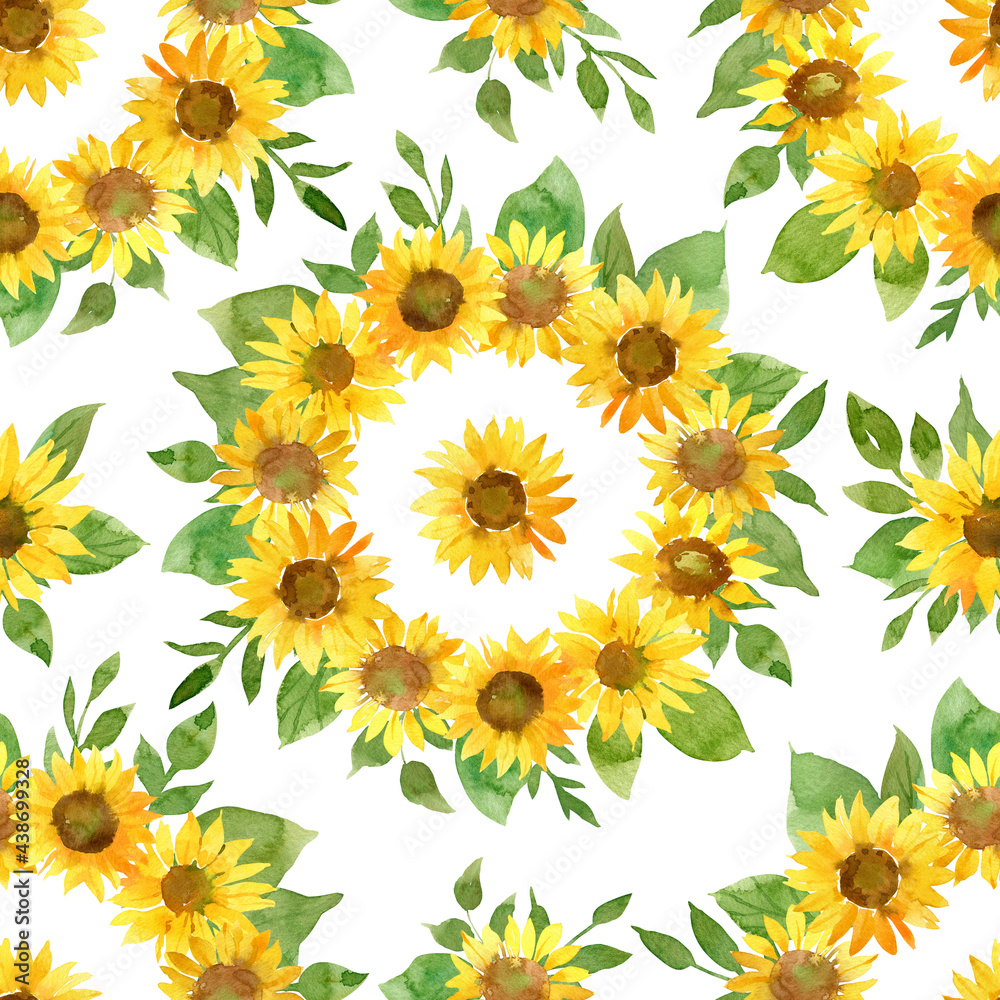 Sunflowers seamless pattern. Yellow watercolor flowers and green leaves background for fabric, wrapping paper, wallpaper and decoration