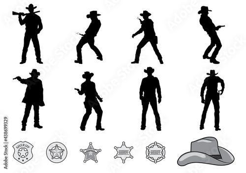 Silhouettes of Western Cowboys and Sheriff Badge. photo