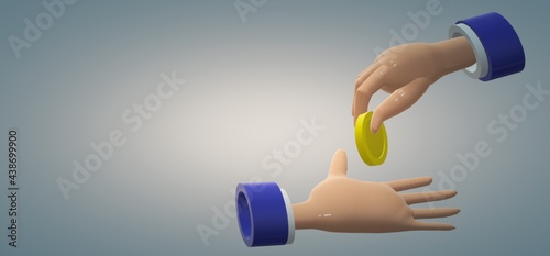 3d cartoon hands giving and receiving coin. Donation money, charity, payment concept.