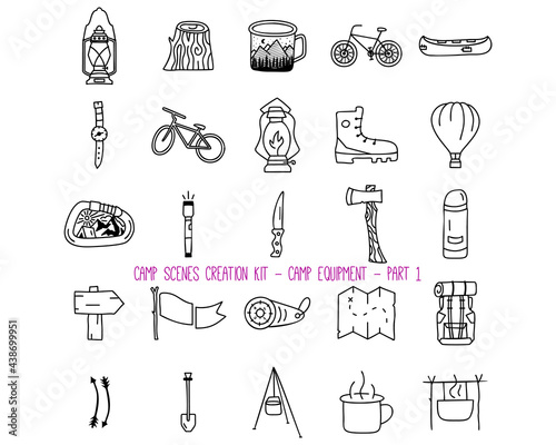 Set of various camping equipment icons
