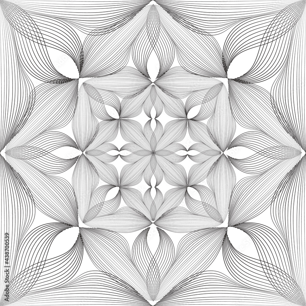 Fototapeta premium Abstract seamless floral linear pattern. Arabic line ornament with flower shapes. Floral orient tile pattern with black lines. Asian ornament. Swirl geometric doodle texture