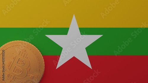 Obraz na plátně Gold Bitcoin in the Bottom Left Corner on the Country Flag of Burma (Myanmar)