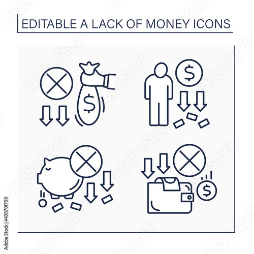 Money lack line icons set. Loses saving money. Piggybank. Unprofitable investment. Poverty. Poorness concept. Isolated vector illustrations.Editable stroke
