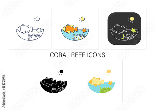 Coral reef icons set. Underwater ecosystem characterized by reef-building corals. Living place for seafish, starfish.Collection of icons in linear, filled, color styles.Isolated vector illustrations