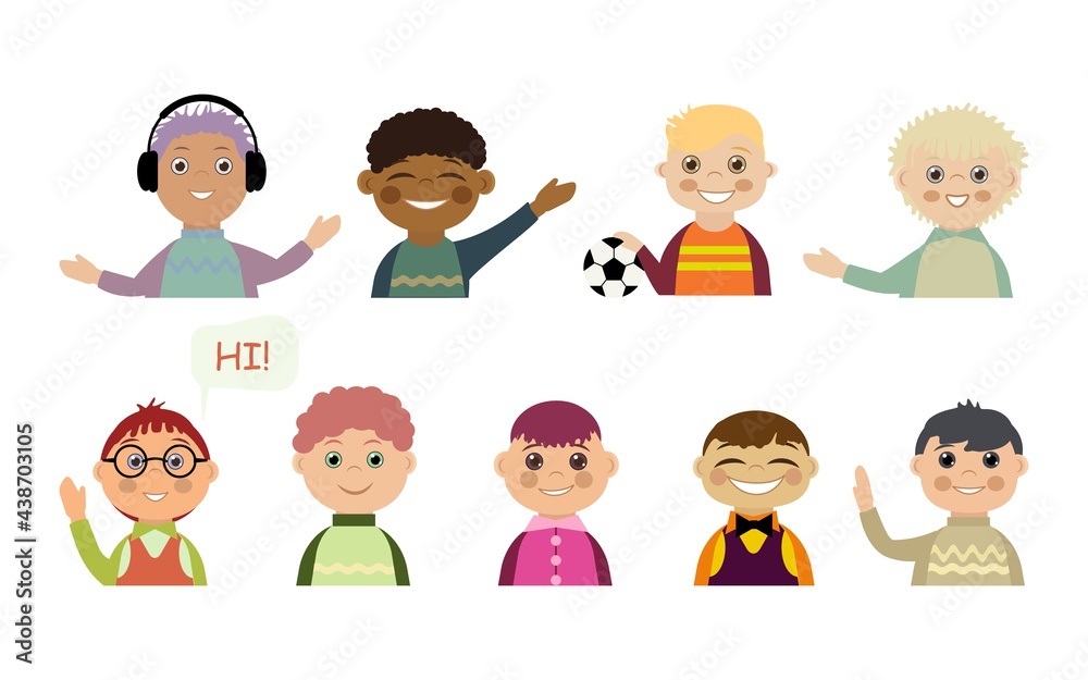 A set of children's avatars. A set of smiling faces of boys in different poses, with different hairstyles, skin color and ethnicity. Flat vector illustration isolated on a white background