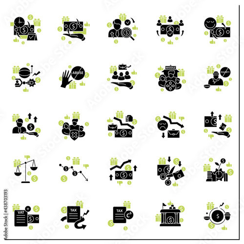 Universal basic income glyph icons set. Tax declaration, economic growth. Inequality and inflation. Global economy concept.Filled flat signs. Isolated silhouette vector illustrations