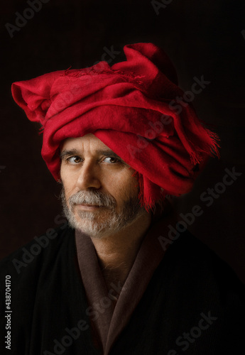 Canvas Print Portrait of a Man in a Red Turban homage to an oil painting by the Early Netherl