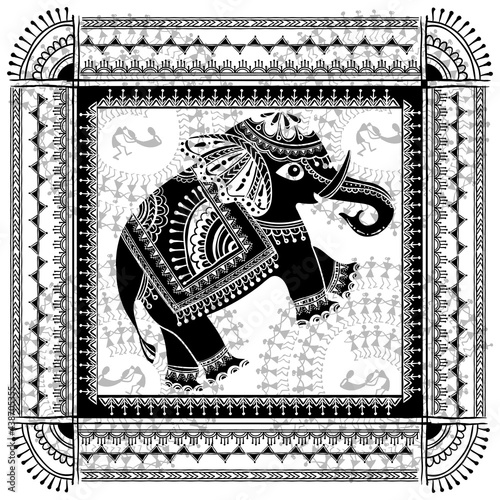 Warli painting with an elephant - hand drawn traditional the ancient tribal art India. Pictorial language is matched by a rudimentary technique depicting rural life of the inhabitants of India