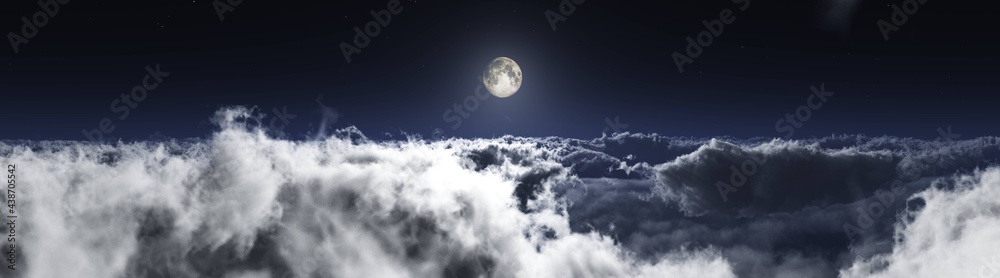 Beautiful cloudy landscape, moonrise among the clouds, flying through the clouds, 3D rendering