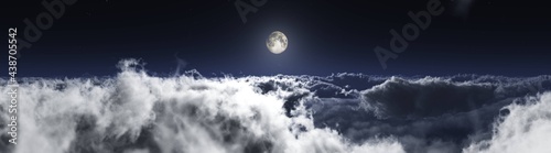 Beautiful cloudy landscape  moonrise among the clouds  flying through the clouds  3D rendering
