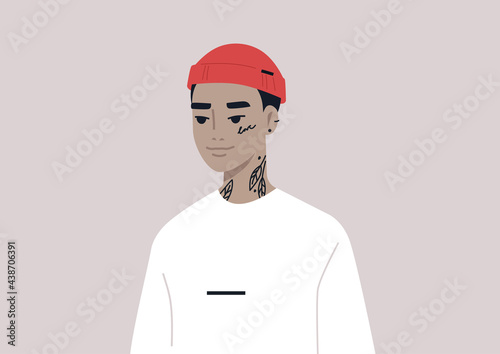 A young gender-neutral Asian character wearing a rolled beanie, modern lifestyle and fashion