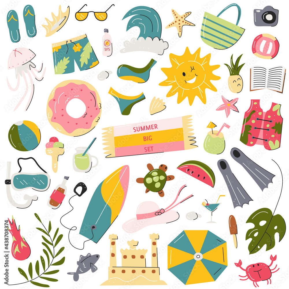 Summer beach symbols big set isolated on white. Scrapbooking elements bundle. Seasonal holidays seaside icons collection. Hand drawn travel, vacation concept. Vector flat cartoon line illustration Summer beach symbols big set isolated on white. Scrapbooking elements bundle. Seasonal holidays seaside icons collection. Hand drawn travel, vacation concept. Vector flat cartoon line illustration
