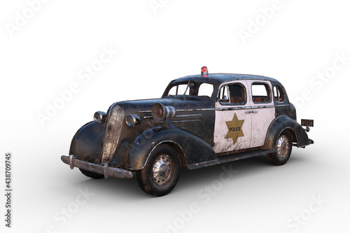 3D illustration of a rusty dirty old vintage police car isolated on white.
