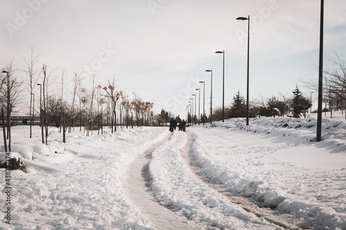 unreconozible group of people walking in the snow on a deserted street