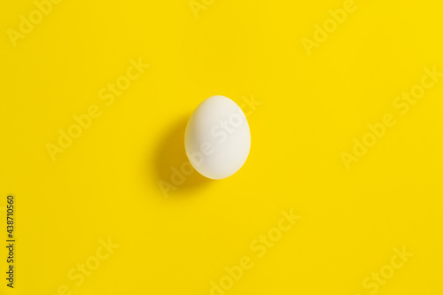 One white chicken egg lies on a yellow background.