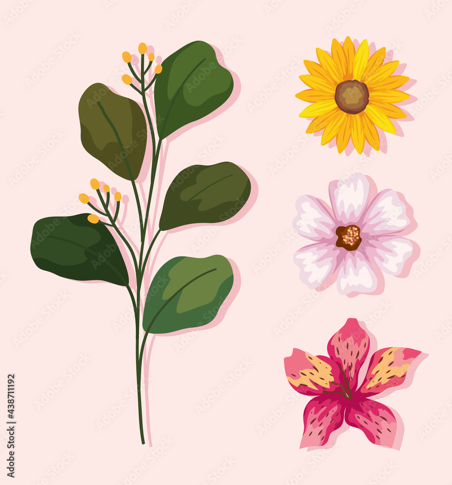 leaves and flowers set