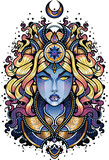 Ilustracja niebieskiej czarodziejki. Wróżka z księżycem nad głową wzór tatuażu. Kobieta z błękitna skórą.
