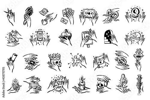 Mysticism witchcraft occult hand drawn icon illustration set
