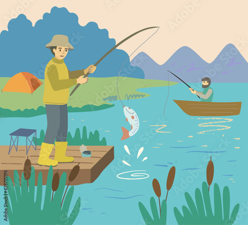 Two people fishing on the lake. Fisherman on the shore and a man with a fishing rod in the boat. Abstract minimalistic landscape with mountains.
