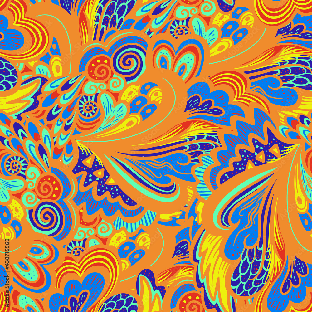 Bright colorful hippie seamless psychedelic pattern with abstract curly and plant elements.