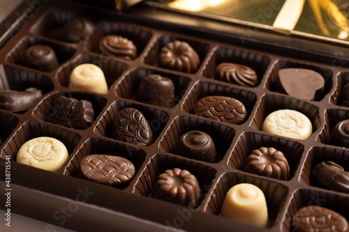 Mix of chocolates in a box.