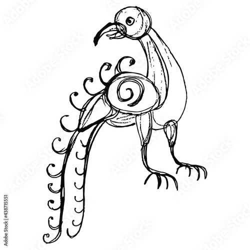 Stylized funny bird. Folk style. Medieval Russian animal motif. Hand drawn linear doodle rough sketch. Black silhouette on white background.