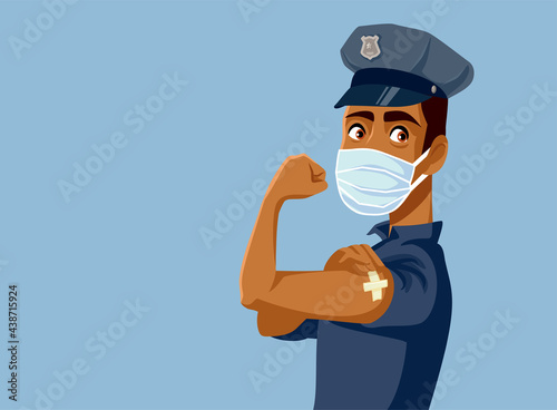 Police Officer Showing Vaccinated Arm Vector Illustration