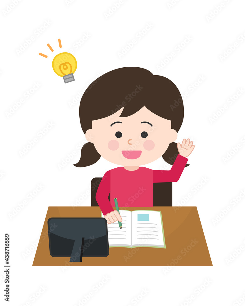 A girl having distance learning on her tablet. Vector illustration isolated on white background. A girl having distance learning on her tablet. Vector illustration isolated on white background.