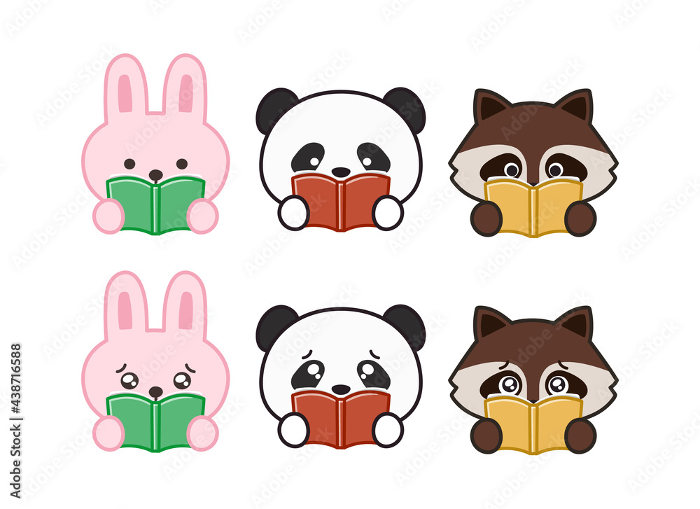 Set of animals impressed by books. Vector illustration isolated on white background.